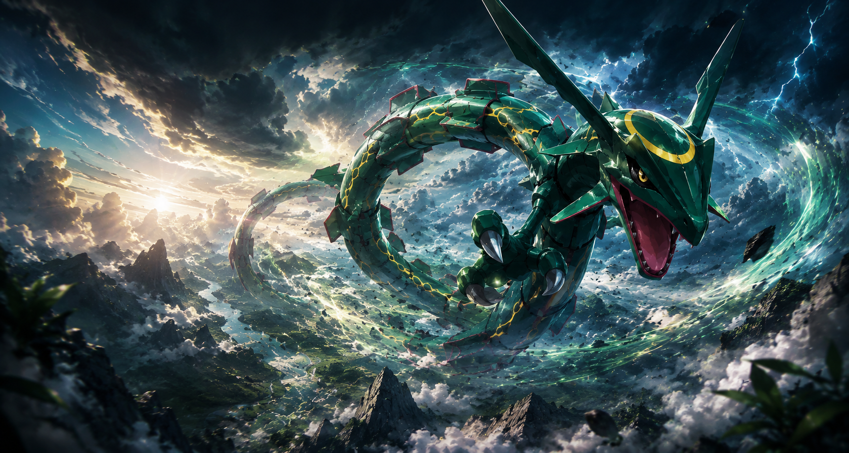 Rayquaza flying through a stormy emerald sky